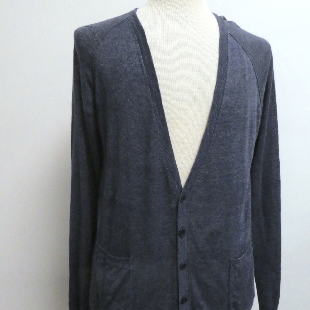THEORY BLUE reverse edge V CARDIGAN SWEATER pockets linen knit XL